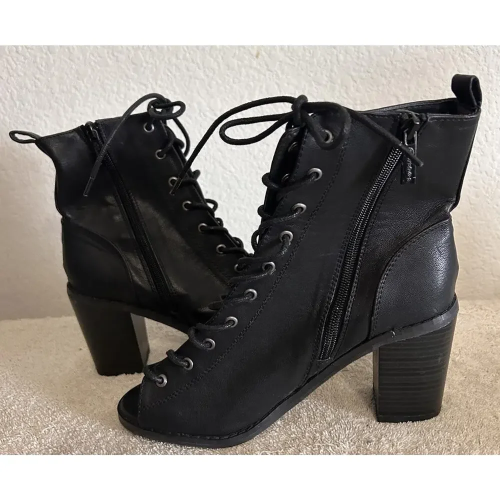Breckelles Tina-15 SZ 8 Black Lace Up Boot Open Toe Block Heel Zip Faux Leather